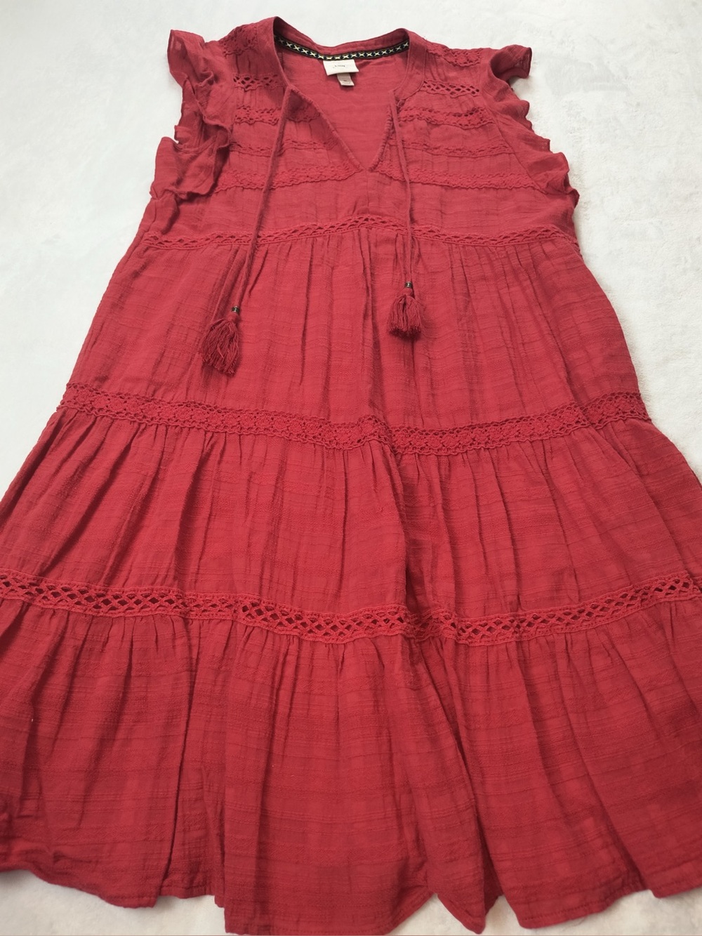 Knox Rose Red Tiered Midi Dress with Tassel Tie